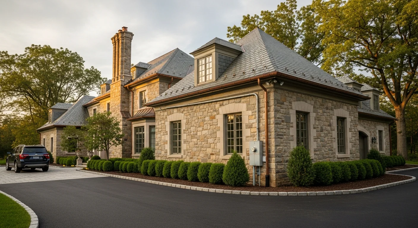A well-maintained Bryn Mawr estate home with manicured landscaping and stone architecture visible from the street.