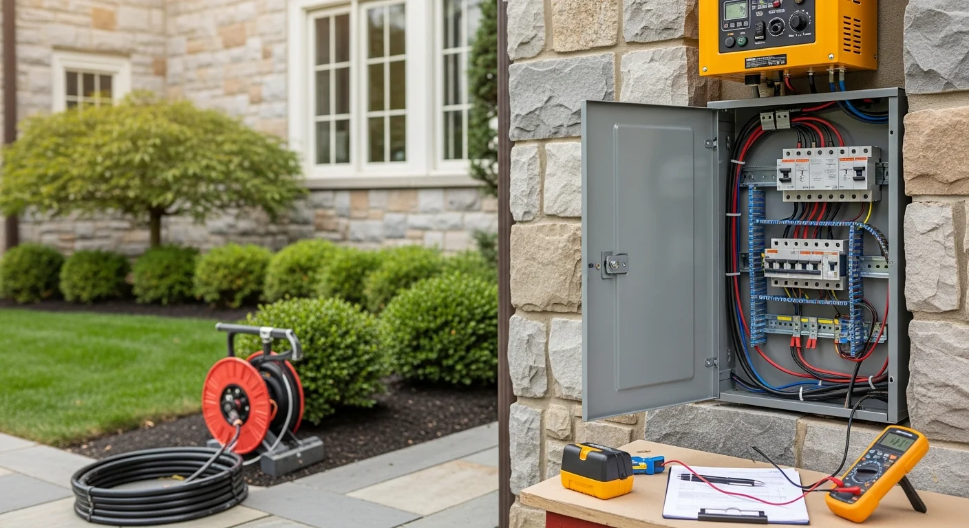 An HPM Electric technician reviewing an electrical panel and load diagram at a large residential property in Bryn Mawr, PA. The image shows a standby generator unit positioned beside the home during the design and planning phase.