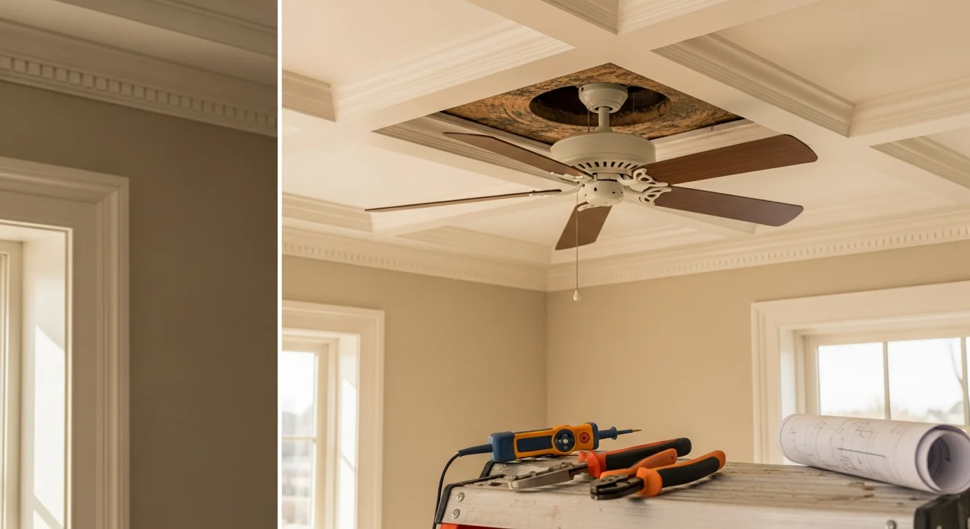 A licensed electrician from HPM Electric mounting a ceiling fan to a fan-rated electrical box in a Bryn Mawr home with hardwood floors and high ceilings. The fan blades are fully attached and the wiring connections are visible at the ceiling junction before the canopy cover is secured.
