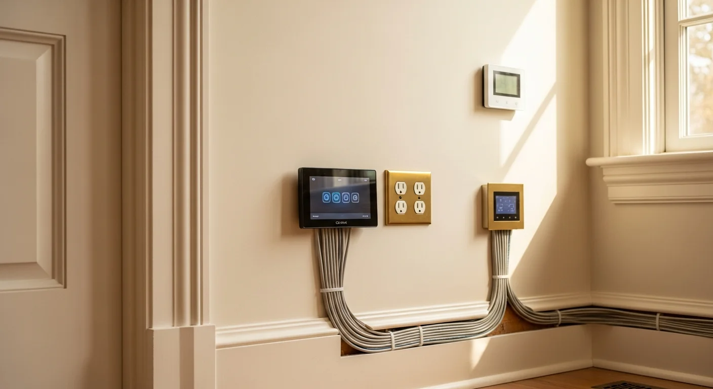 A licensed electrician from HPM Electric programming a Control4 touchscreen controller mounted on a wall inside a Bryn Mawr home. The screen displays connected lighting and climate controls for multiple rooms.