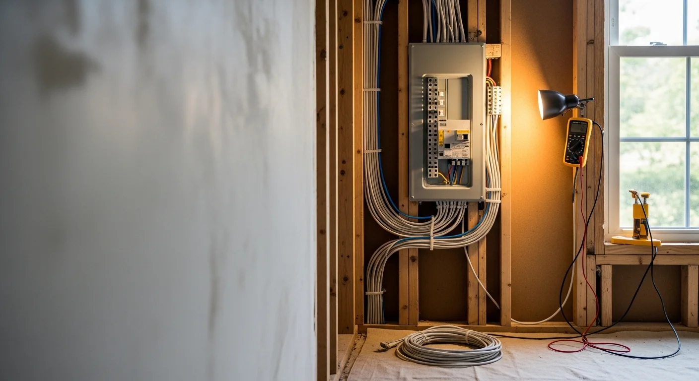 A licensed HPM Electric electrician installing a new electrical circuit panel in a Bryn Mawr, PA home. Clean copper wiring runs are visible inside an open residential breaker box during a professional electrical installation.