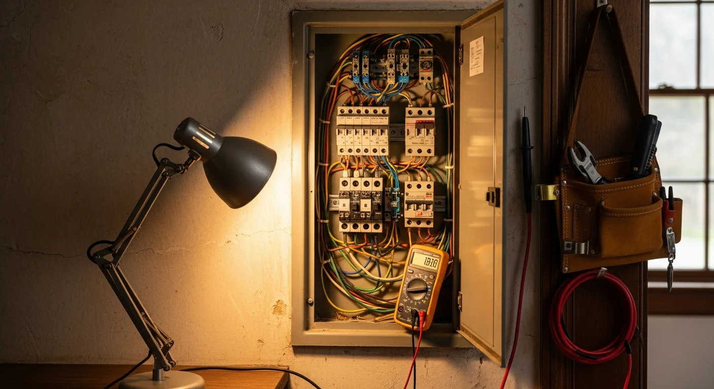 A licensed electrician from HPM Electric inspecting a residential electrical panel inside a Bryn Mawr, PA home. The panel is open and the technician is checking circuit breakers and wiring connections.