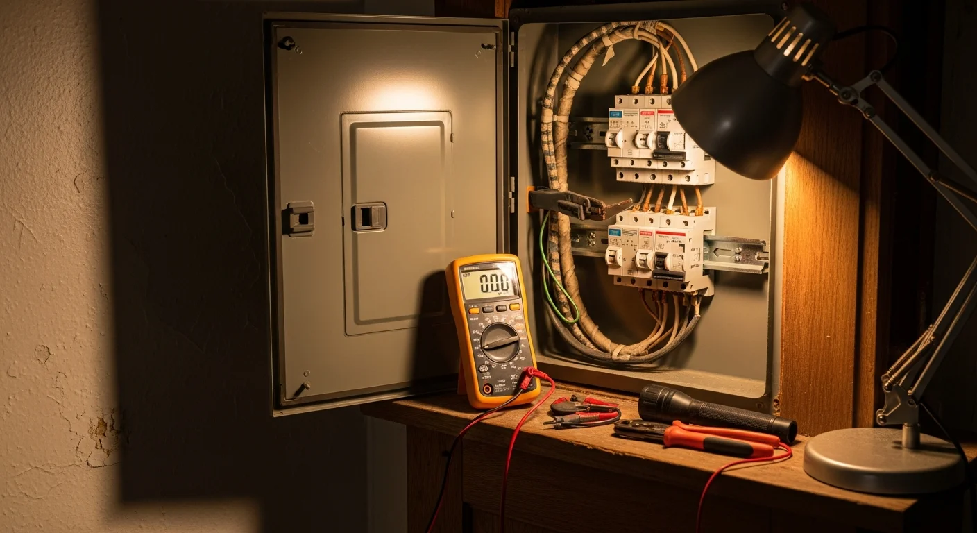 A licensed electrician repairing an electrical panel inside an older stone home in Bryn Mawr, PA. The panel box is open and the electrician is testing wiring connections with a diagnostic tool.
