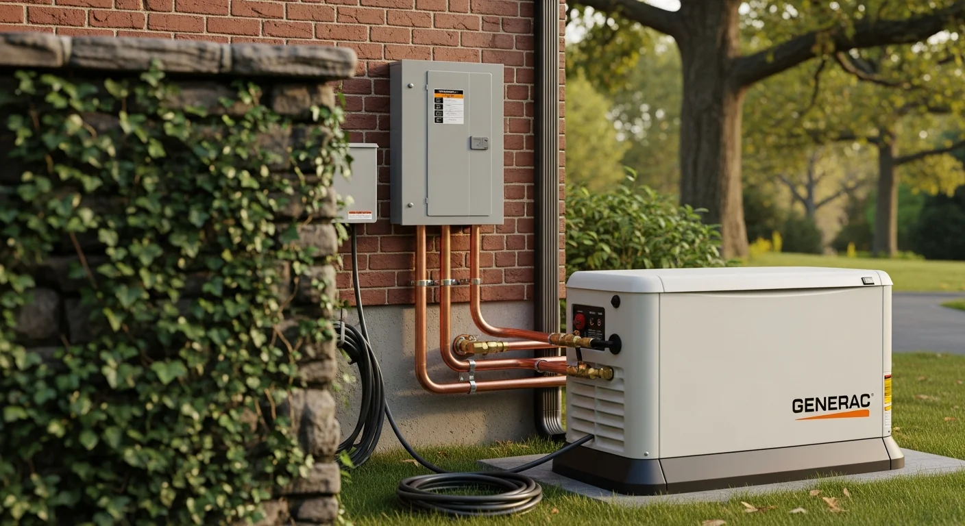 A Generac standby generator installed on a concrete pad beside a residential home in Bryn Mawr, Pennsylvania. The unit sits adjacent to the home's exterior wall with electrical conduit and a transfer switch visible.