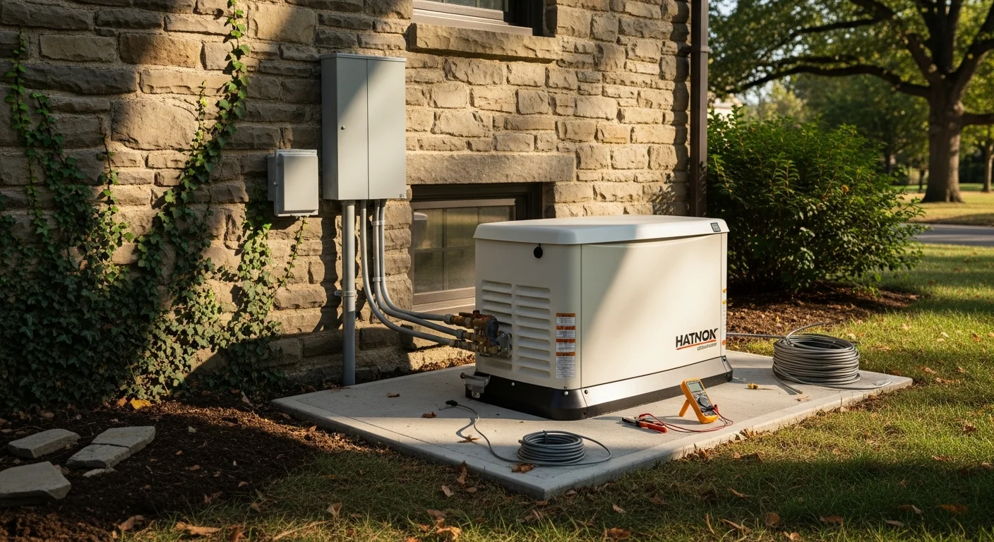 A standby generator installed on a concrete pad beside a stone-exterior home in Bryn Mawr, PA, with electrical conduit running to the transfer switch on the exterior wall. The unit sits flush against a mature landscaped border typical of older Main Line residential properties.
