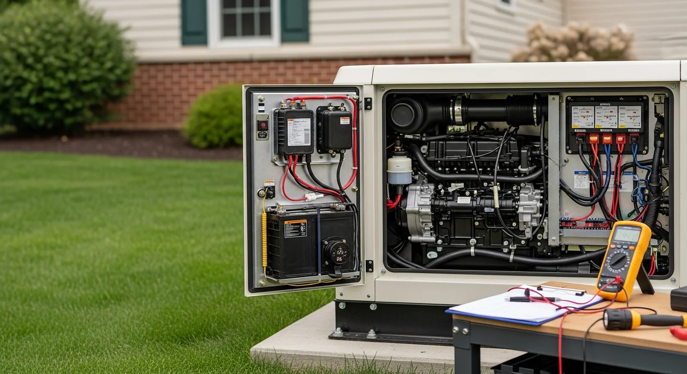 An HPM Electric technician inspecting a residential standby generator beside a home in Bryn Mawr, PA. The technician checks the transfer switch panel and engine compartment during a routine maintenance visit.