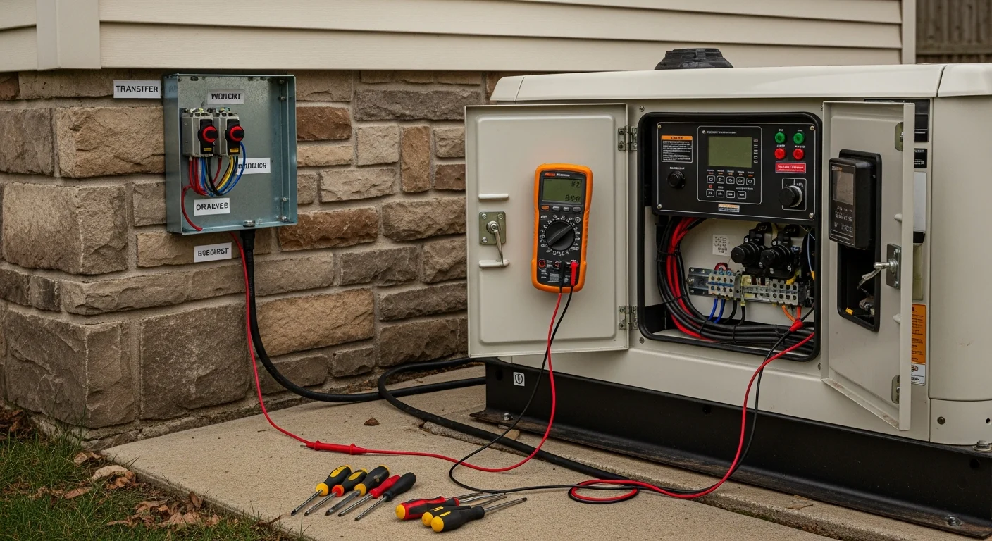 A licensed HPM Electric electrician inspecting a standby generator connected to the exterior of an older stone home in Bryn Mawr, PA. The technician is checking the transfer switch panel with diagnostic equipment during a generator repair service call.