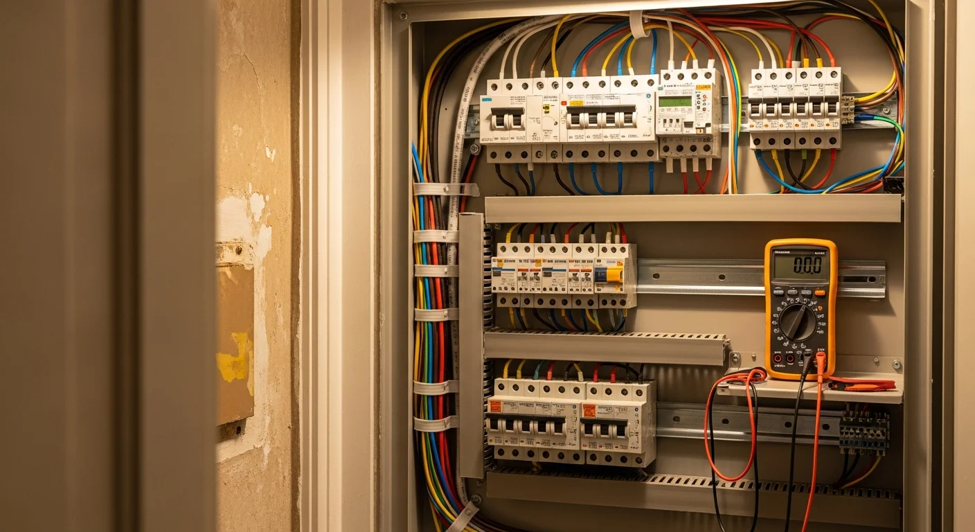 A licensed electrician from HPM Electric installing a smart lighting switch panel inside a classic Main Line home in Bryn Mawr, PA. The wall plate is flush-mounted in a finished living room with hardwood floors and traditional trim work.