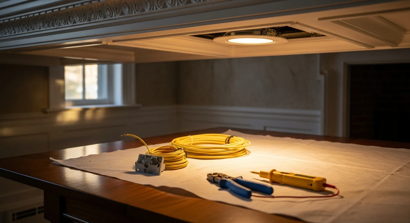 A licensed electrician from HPM Electric installing a recessed light fixture in the ceiling of a Bryn Mawr home. The room features original hardwood floors and freshly painted walls typical of a renovated Main Line property.