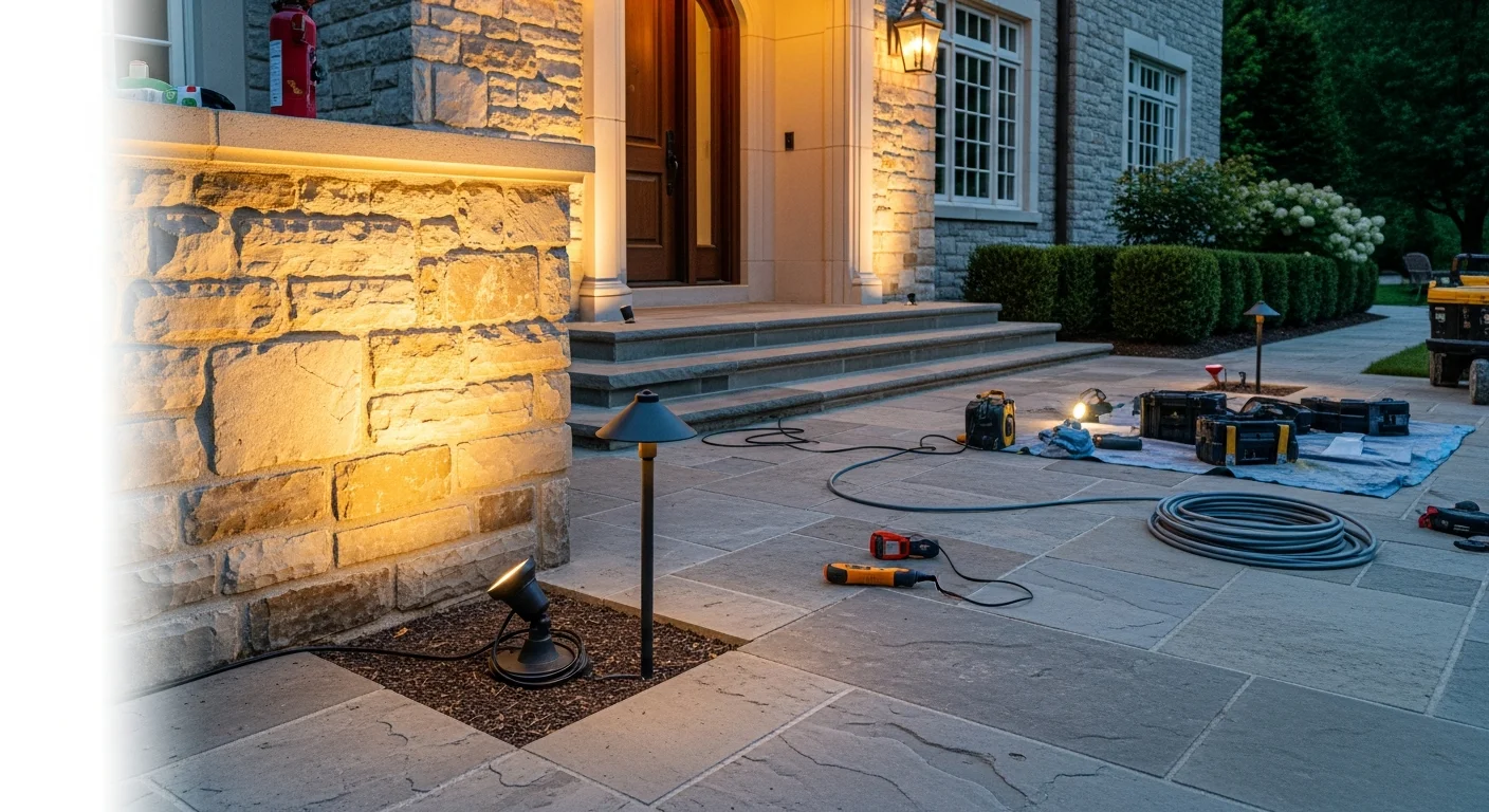A Bryn Mawr, PA stone colonial home at dusk with professionally installed pathway lights lining the front walkway and uplighting accenting the facade. Outdoor lighting fixtures are mounted flush and wired cleanly along the driveway edge and front entry.