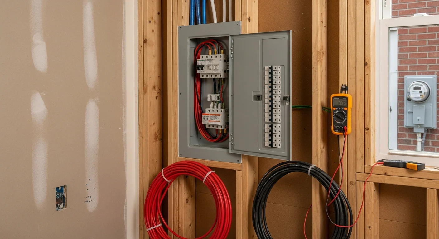A licensed electrician from HPM Electric installing a new residential electrical panel in a Bryn Mawr, PA home. The panel shows neatly organized, labeled circuit breakers replacing an older, undersized unit.