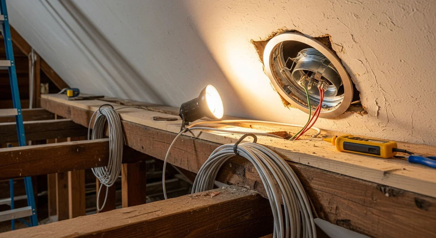 A licensed electrician from HPM Electric installing recessed lighting fixtures in the ceiling of a renovated colonial-style home in Bryn Mawr, PA. The finished room shows evenly spaced flush lights illuminating a living area with original hardwood floors and updated trim.