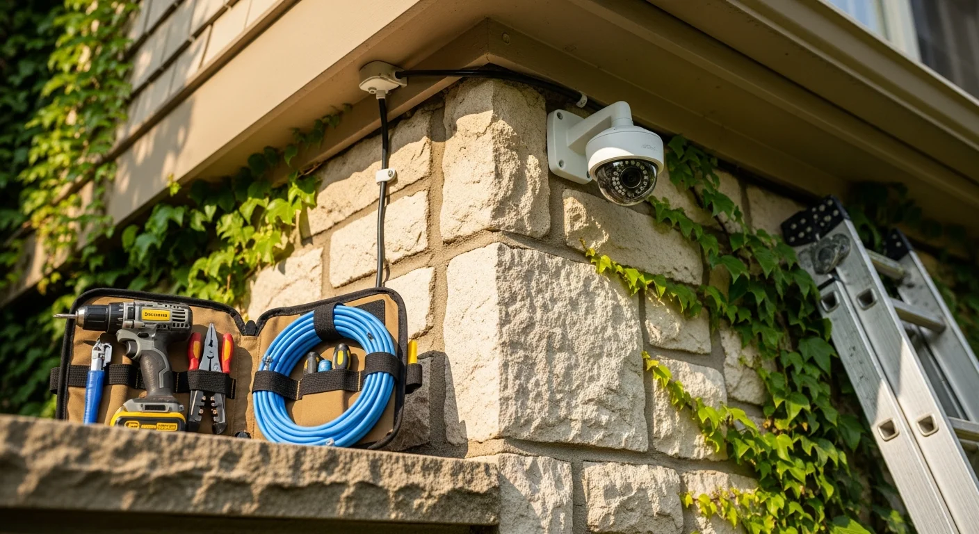 A licensed electrician mounting a security camera above the front entry of a stone colonial home in Bryn Mawr, PA. Wiring runs cleanly along the exterior soffit toward an interior electrical connection point.