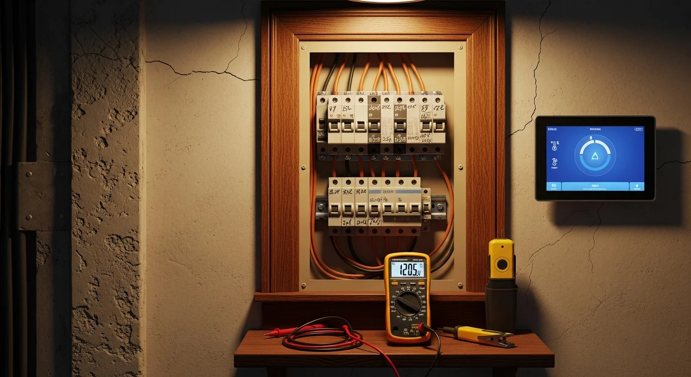 An HPM Electric technician testing a smart lighting control panel inside a Bryn Mawr home with older architectural details. The panel shows active device connections and the room lighting responds to the technician's adjustments.