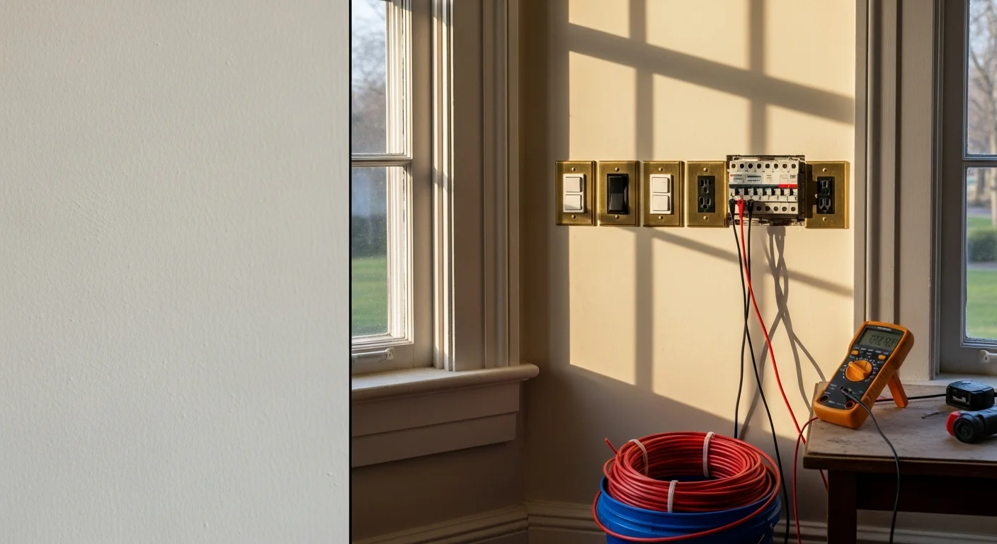 A licensed electrician from HPM Electric wiring a smart dimmer switch inside a Bryn Mawr home. The finished wall panel shows a clean, flush-mounted smart control in a residential room with updated LED lighting overhead.