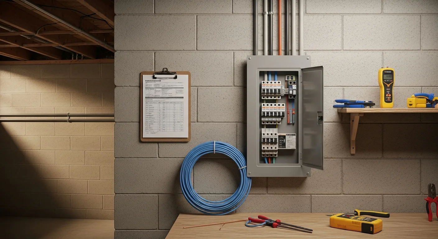 A newly installed electrical sub panel mounted on a basement wall in a Bryn Mawr home, with labeled breakers and clean feeder wiring connections. The panel is open, showing organized circuit rows ready to support added loads in the home.